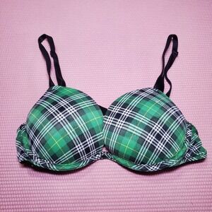PINK Victorias Secret Green Plaid Wear Everywhere Super Push Up Bra 34A Layer
